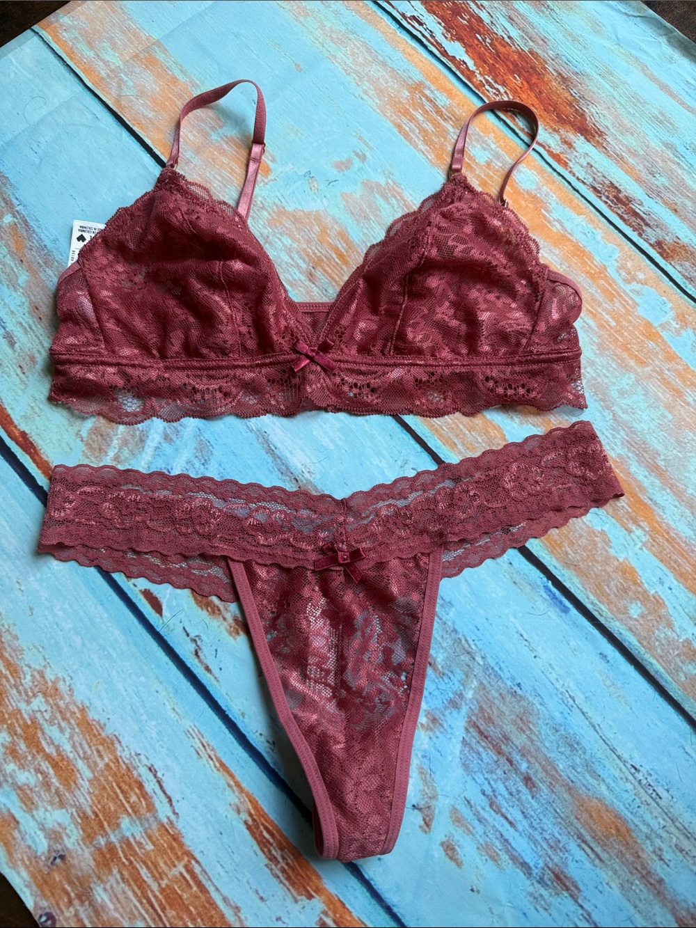 Lace Bralette & Thong Set - Wine Red